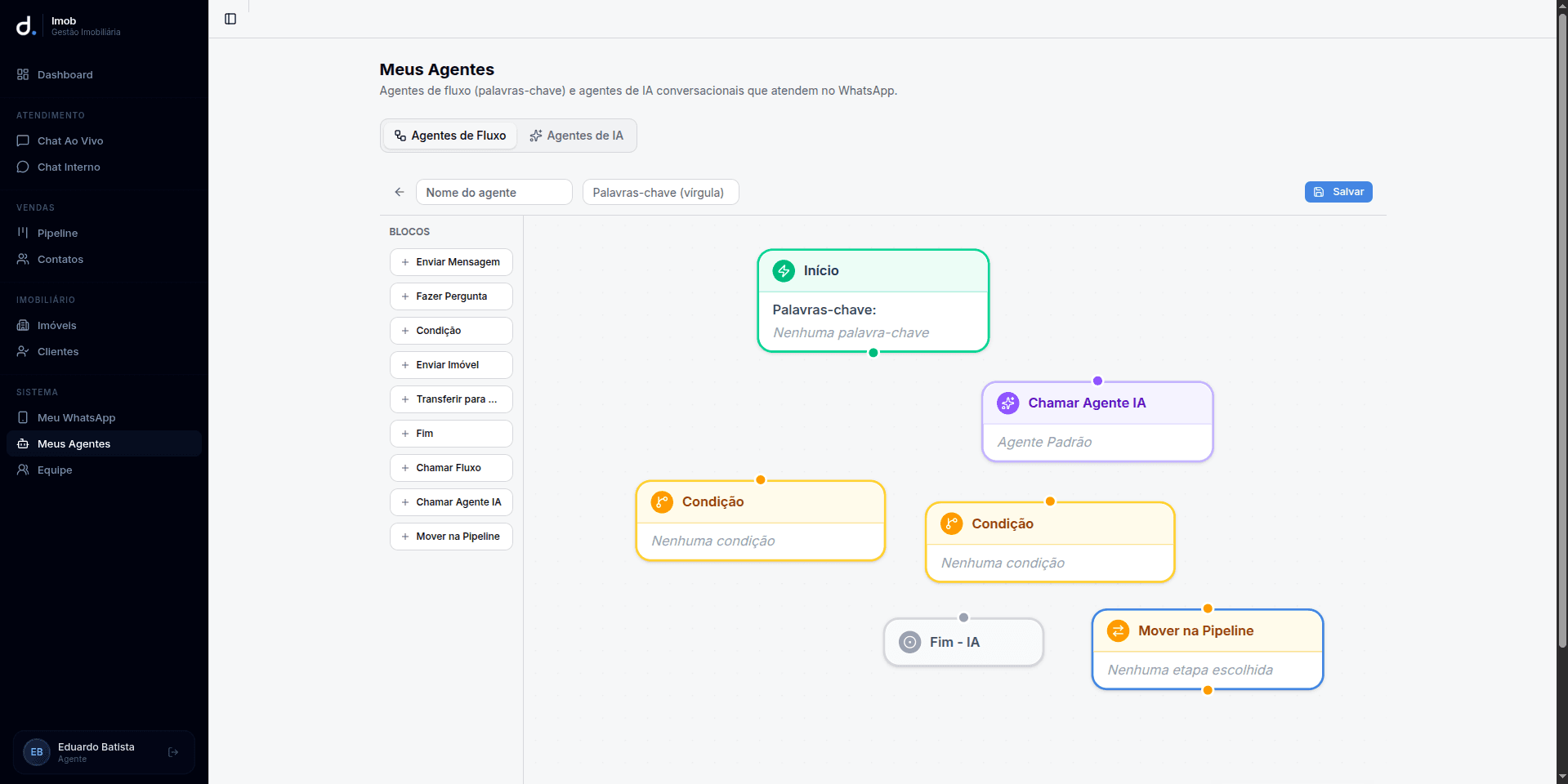 Editor visual de fluxos de atendimento do Imob