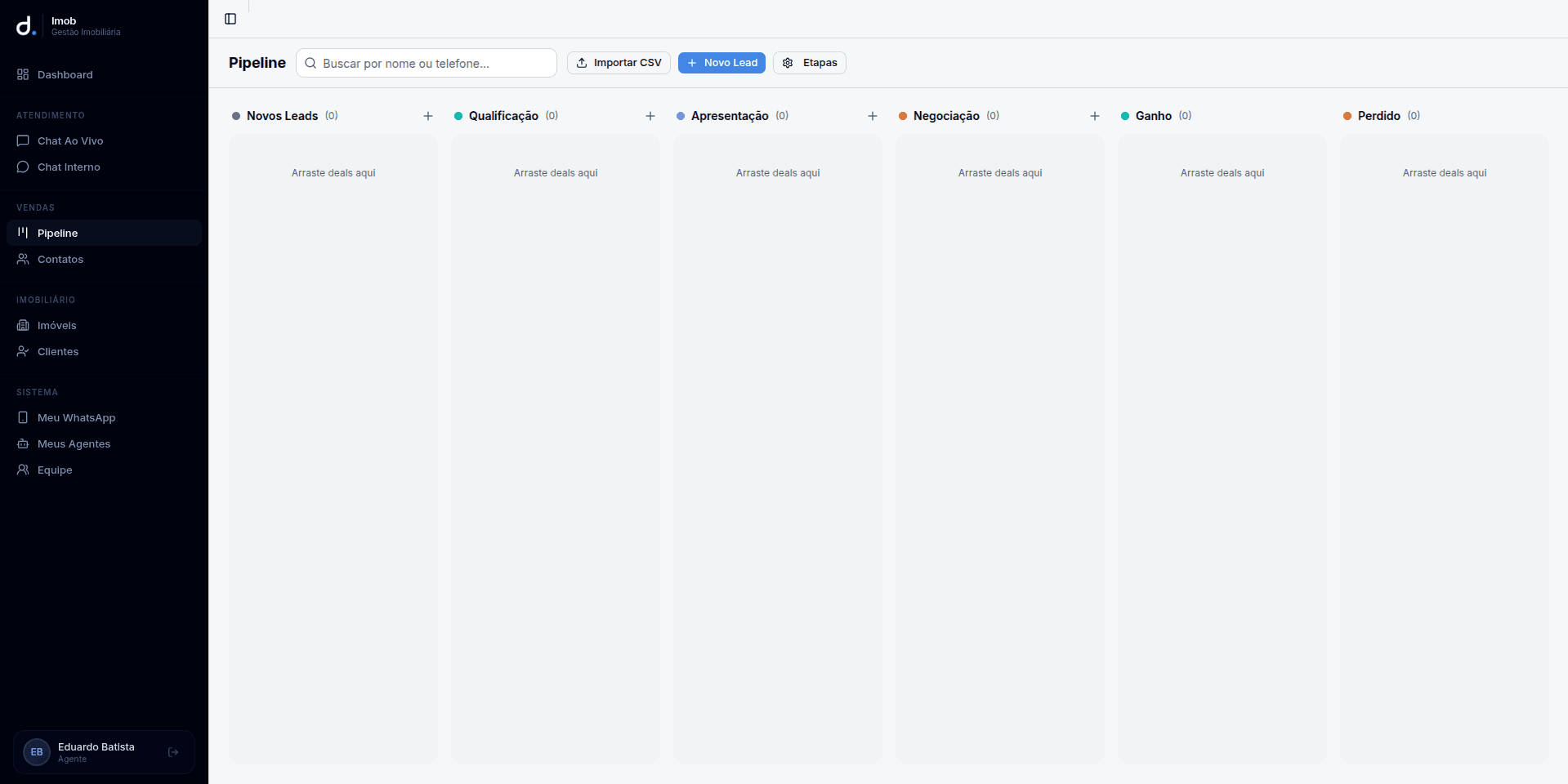 Pipeline de vendas drag and drop do Imob